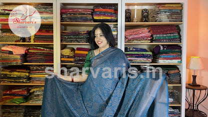 Imperial Blue Linen Cotton Copper Brasso Saree