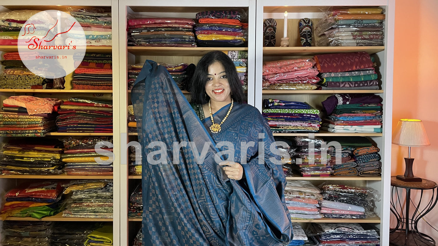 Imperial Blue Linen Cotton Copper Brasso Saree