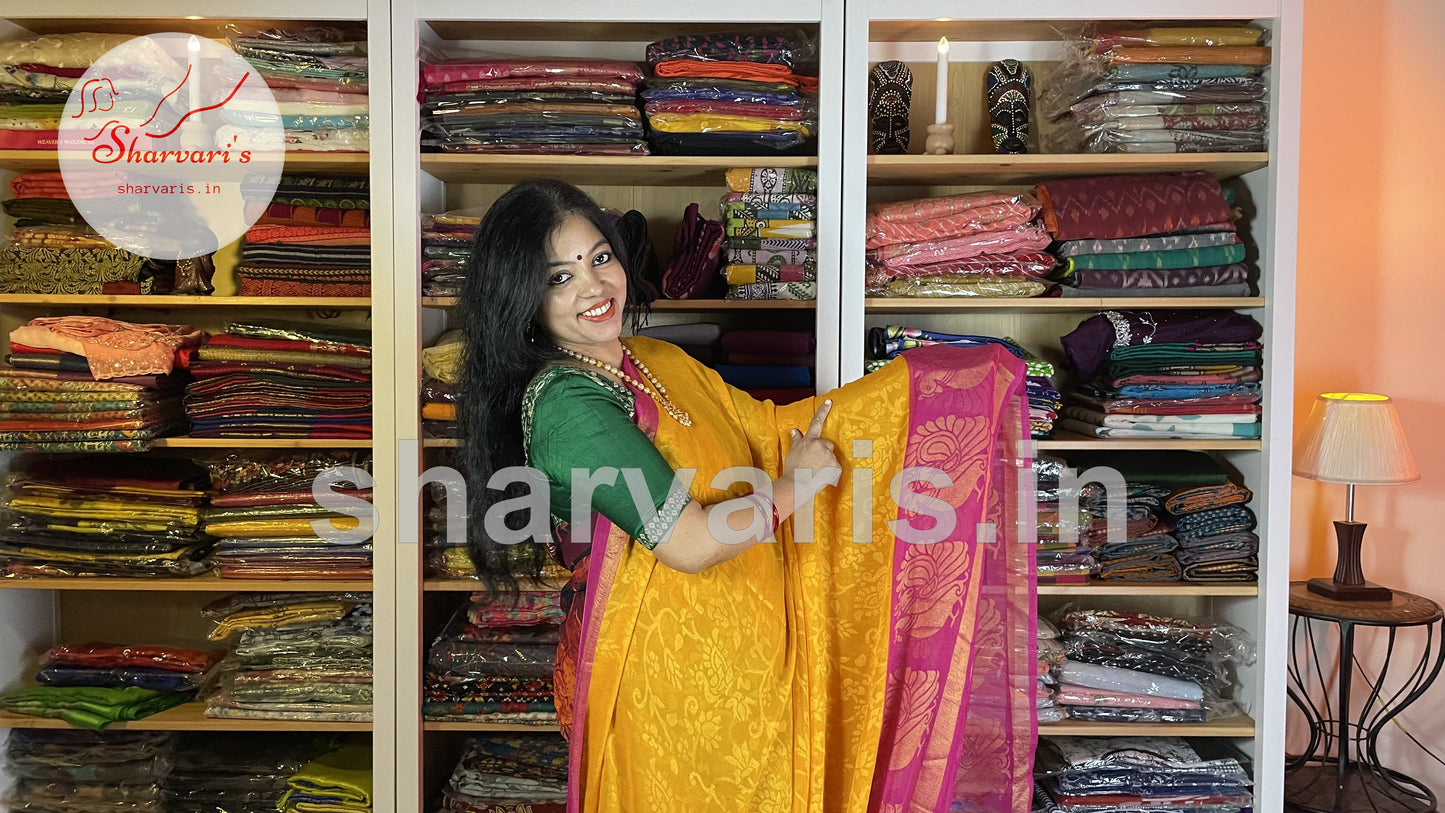 Yellow and Pink Flowy Chiffon Brasso Daily Wear Saree