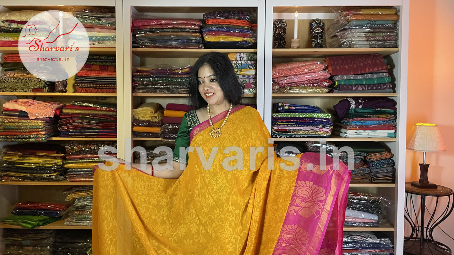 Yellow and Pink Flowy Chiffon Brasso Daily Wear Saree