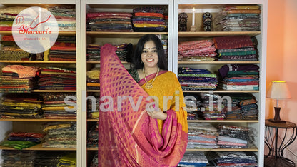 Yellow and Pink Flowy Chiffon Brasso Daily Wear Saree