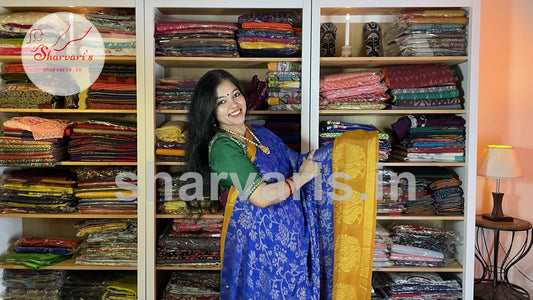 Royal Blue and Yellow Flowy Chiffon Brasso Daily Wear Saree