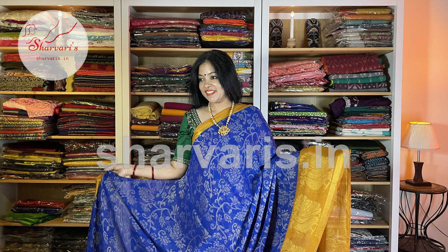 Royal Blue and Yellow Flowy Chiffon Brasso Daily Wear Saree