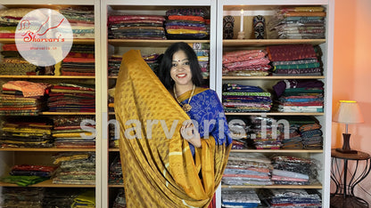 Royal Blue and Yellow Flowy Chiffon Brasso Daily Wear Saree