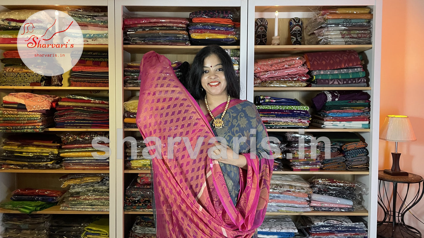 Bluish Grey and Pink Flowy Chiffon Brasso Daily Wear Saree