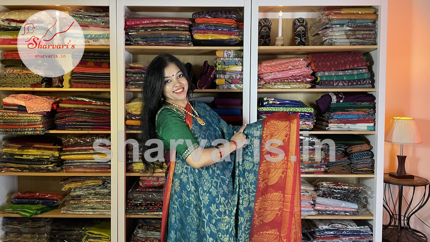 Bluish Green and Red Flowy Chiffon Brasso Daily Wear Saree