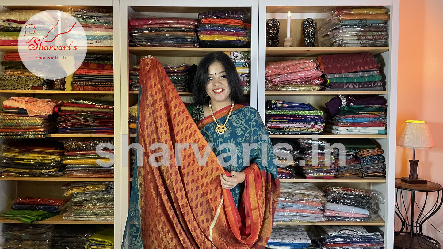 Bluish Green and Red Flowy Chiffon Brasso Daily Wear Saree