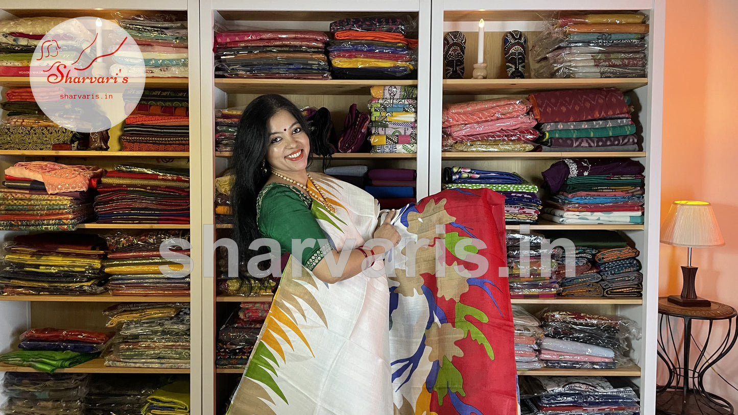 White and Red Bishnupuri Silk Saree with Contemporary Digital Prints