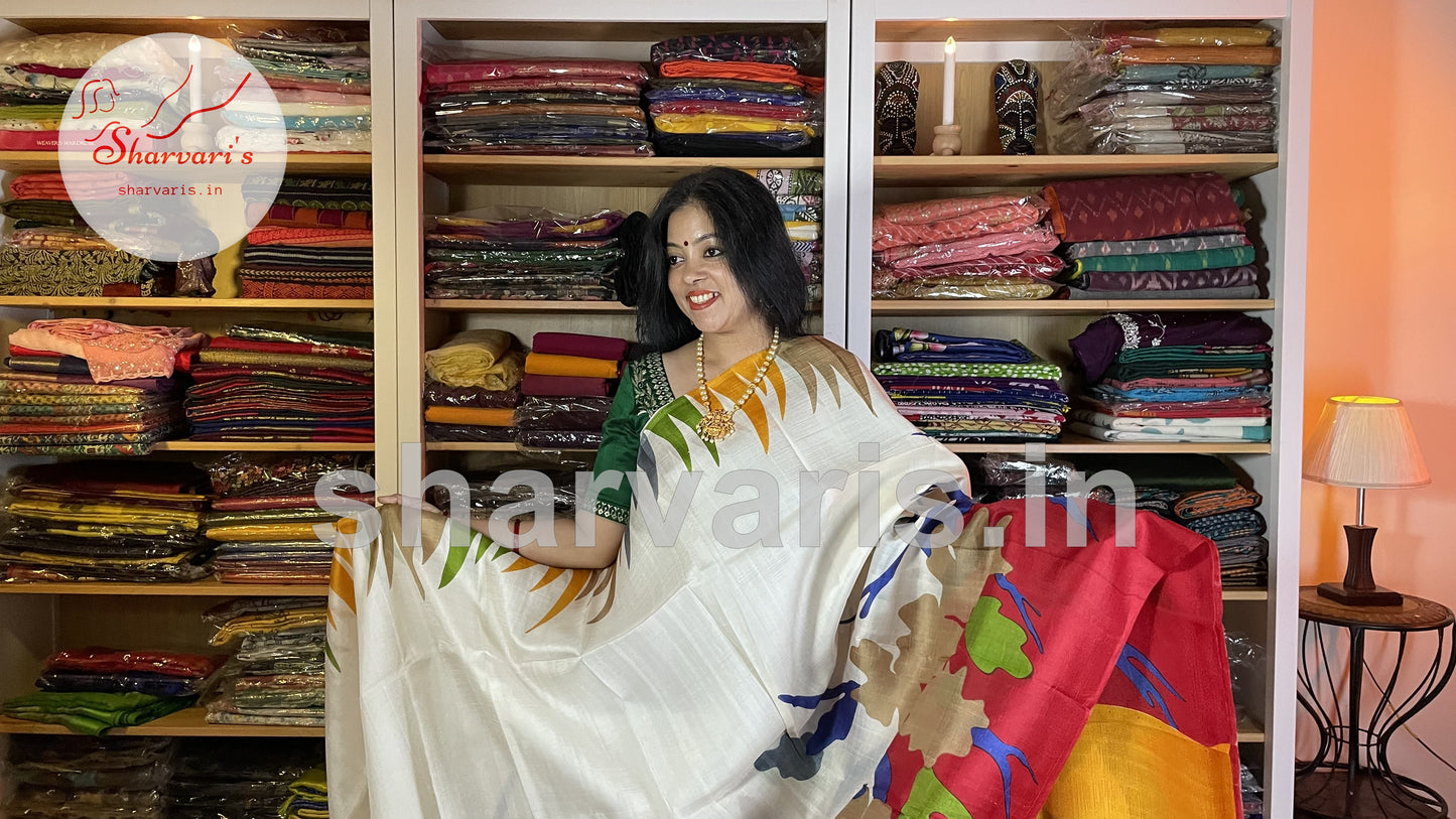 White and Red Bishnupuri Silk Saree with Contemporary Digital Prints