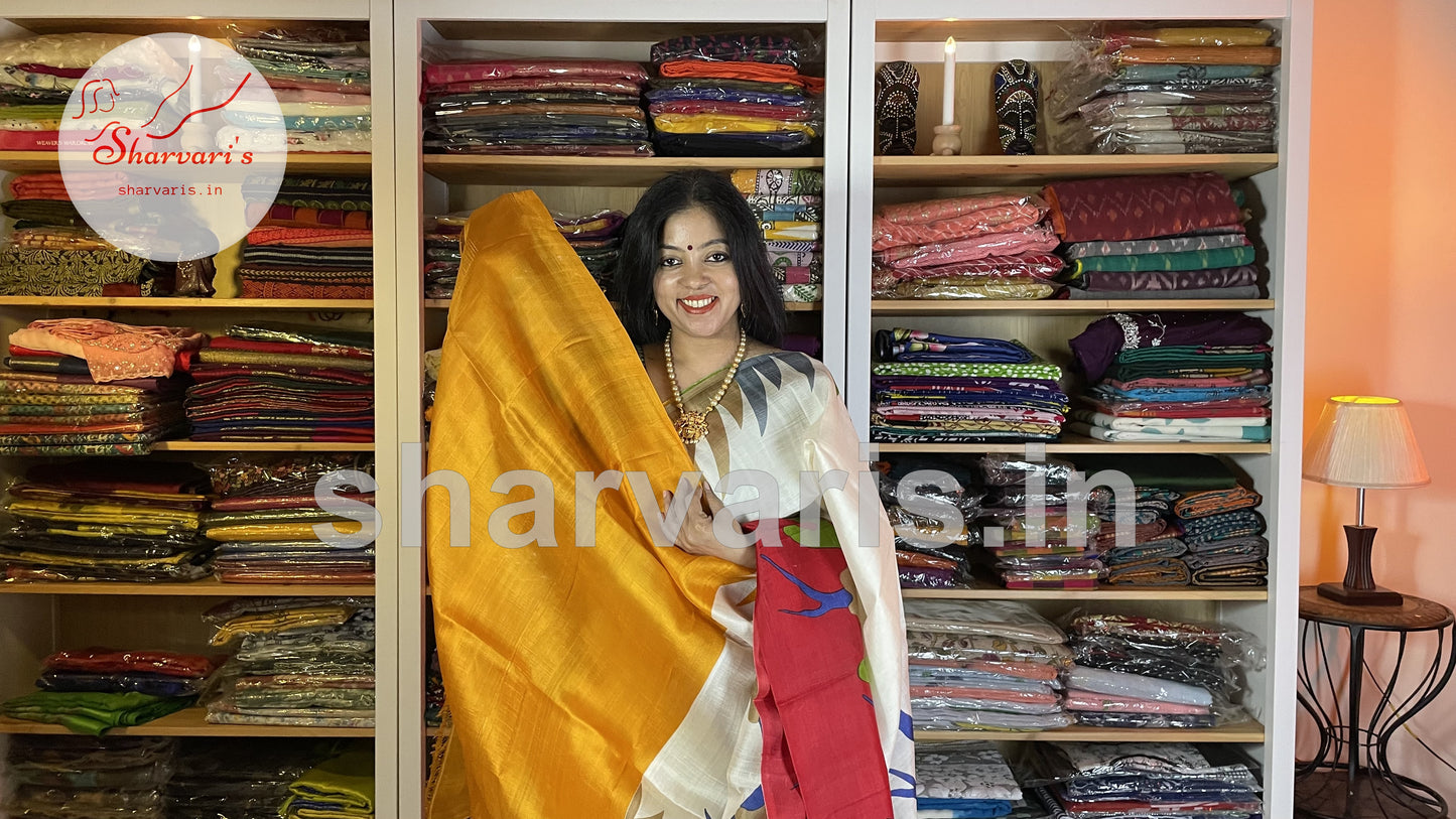 White and Red Bishnupuri Silk Saree with Contemporary Digital Prints