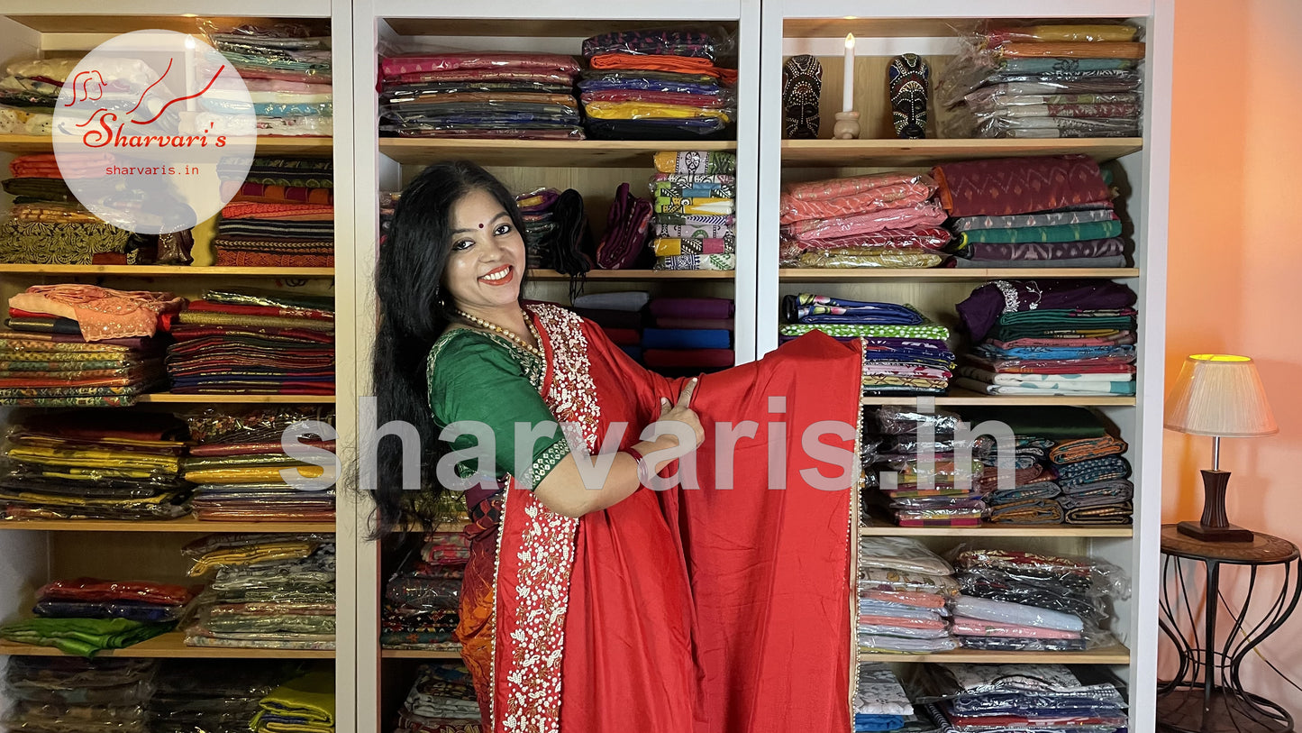 Red Crepe Silk Boutique Party Wear Saree with Pearl Embroidery