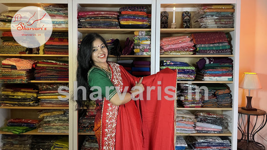 Red Crepe Silk Boutique Party Wear Saree with Pearl Embroidery