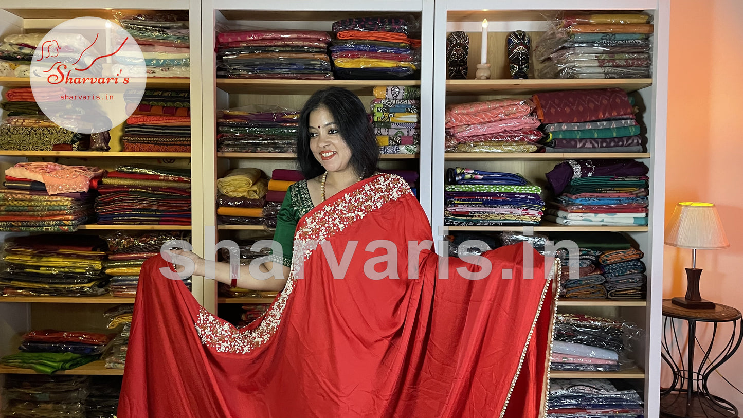 Red Crepe Silk Boutique Party Wear Saree with Pearl Embroidery