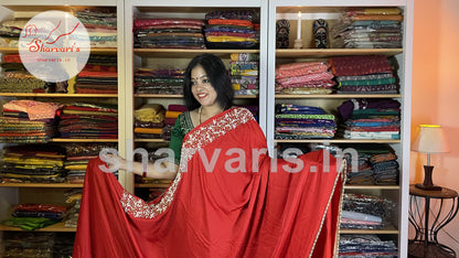 Red Crepe Silk Boutique Party Wear Saree with Pearl Embroidery