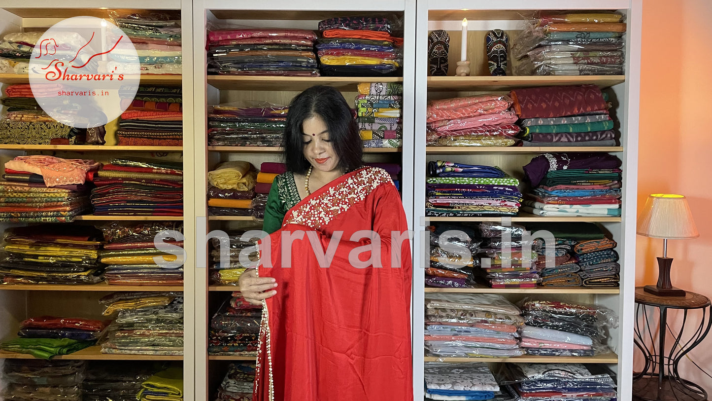 Red Crepe Silk Boutique Party Wear Saree with Pearl Embroidery