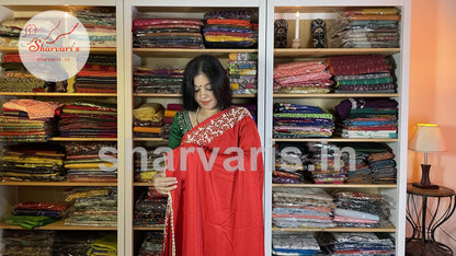 Red Crepe Silk Boutique Party Wear Saree with Pearl Embroidery