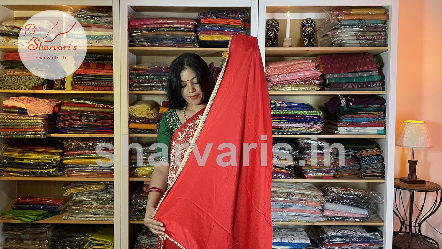 Red Crepe Silk Boutique Party Wear Saree with Pearl Embroidery