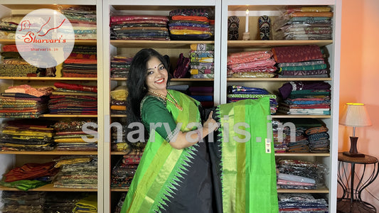 Parrot Green and Black Pure Pochampally Double Ikkat Silk Saree
