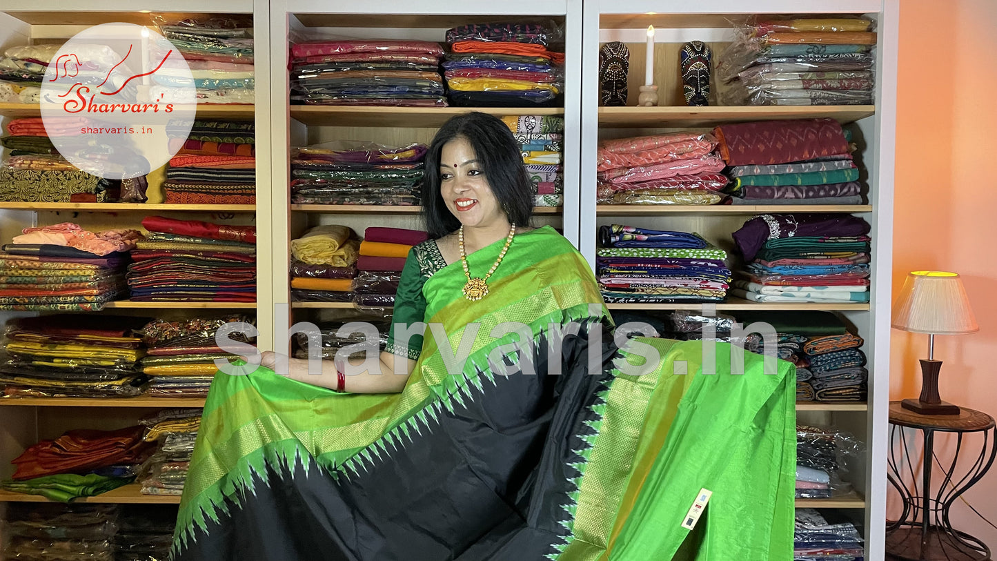 Parrot Green and Black Pure Pochampally Double Ikkat Silk Saree