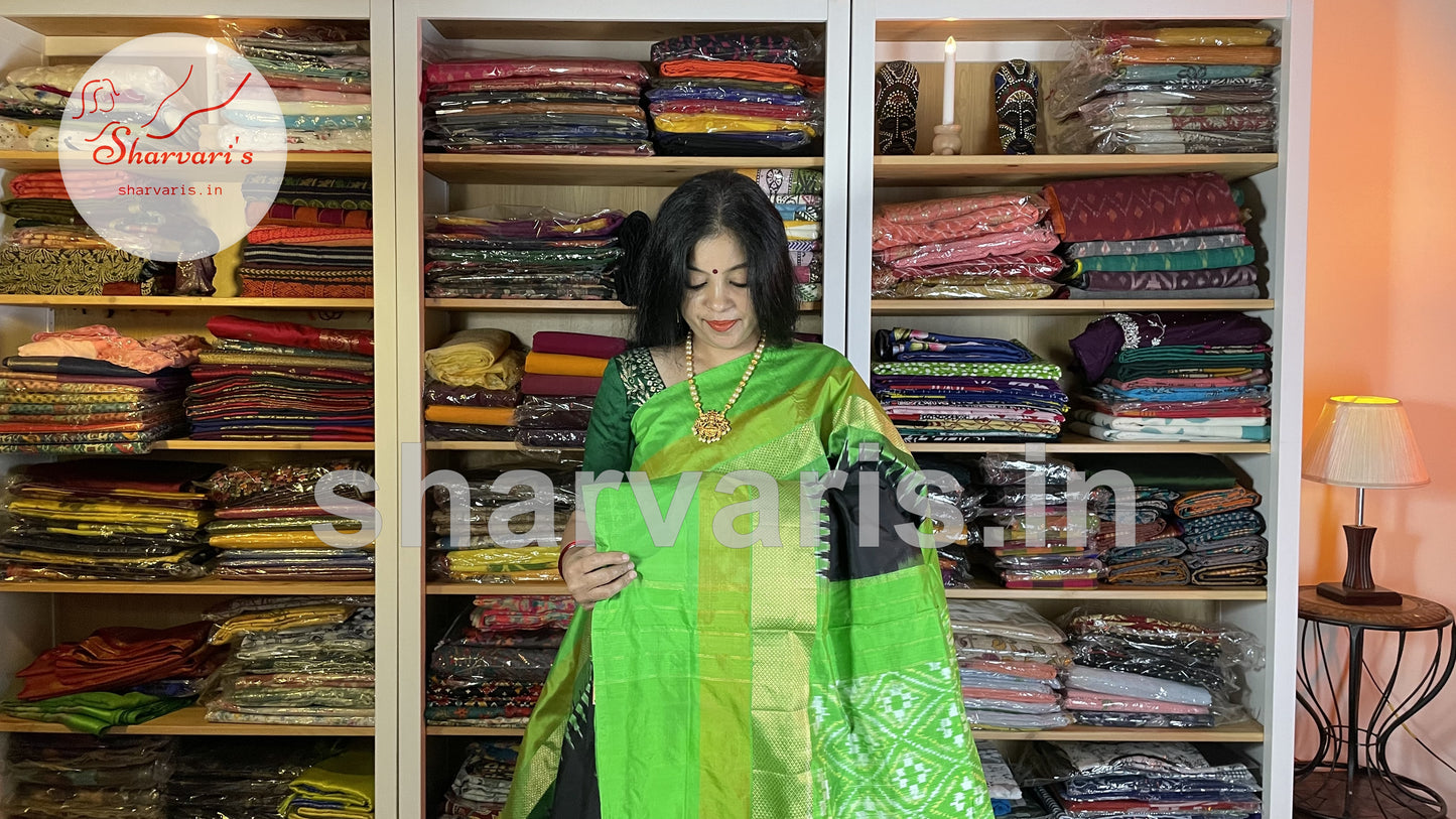 Parrot Green and Black Pure Pochampally Double Ikkat Silk Saree