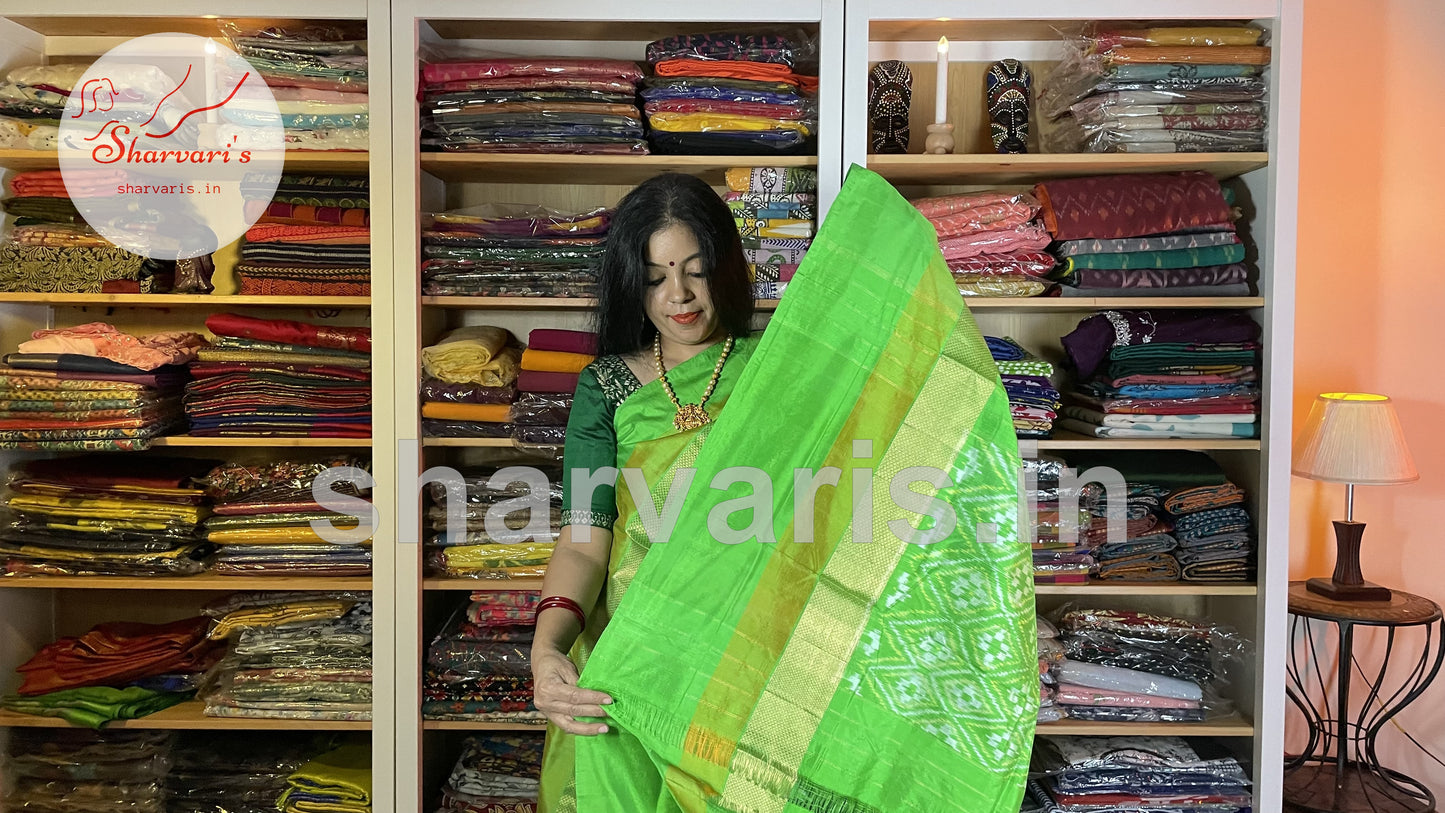 Parrot Green and Black Pure Pochampally Double Ikkat Silk Saree