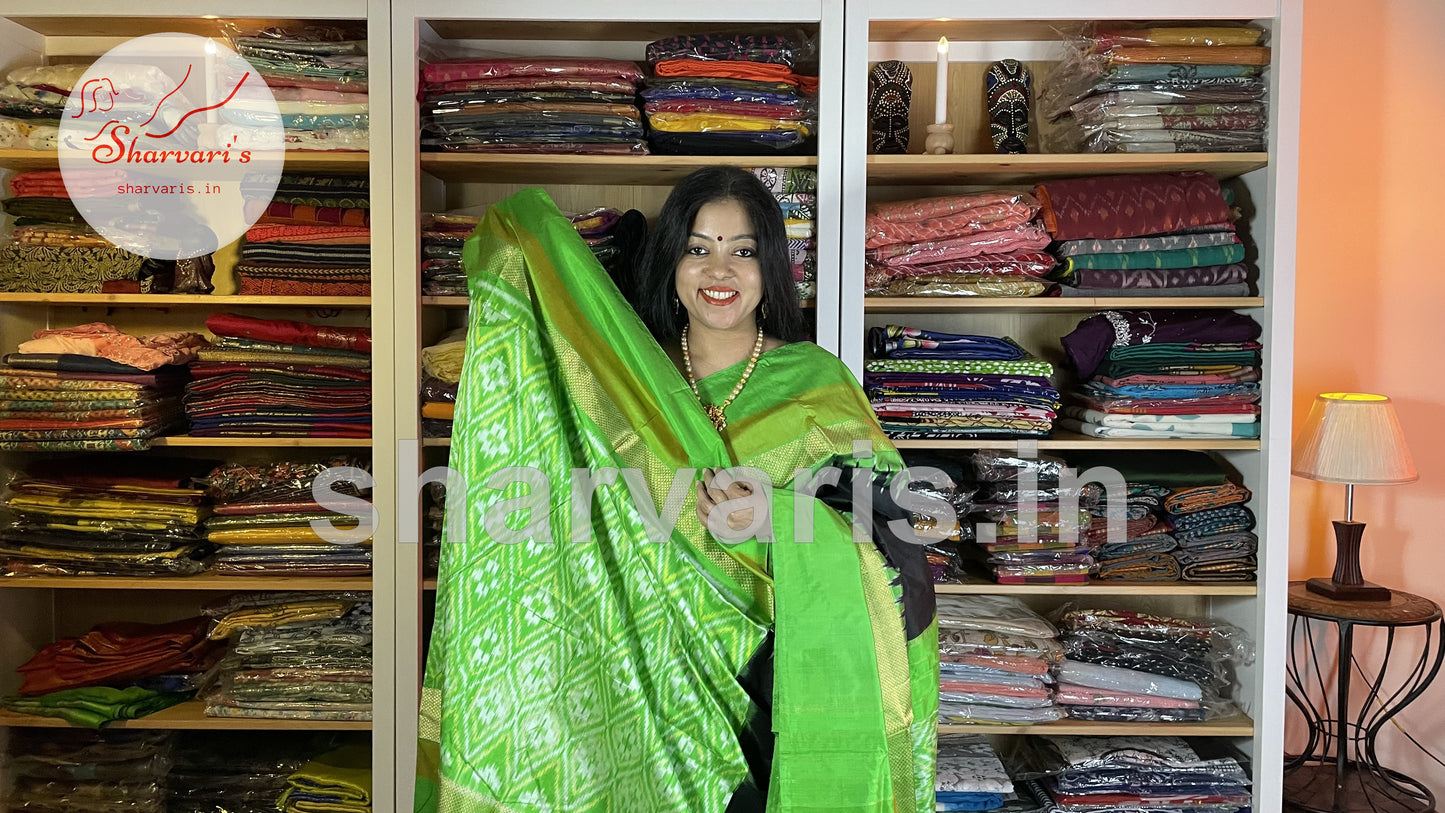 Parrot Green and Black Pure Pochampally Double Ikkat Silk Saree