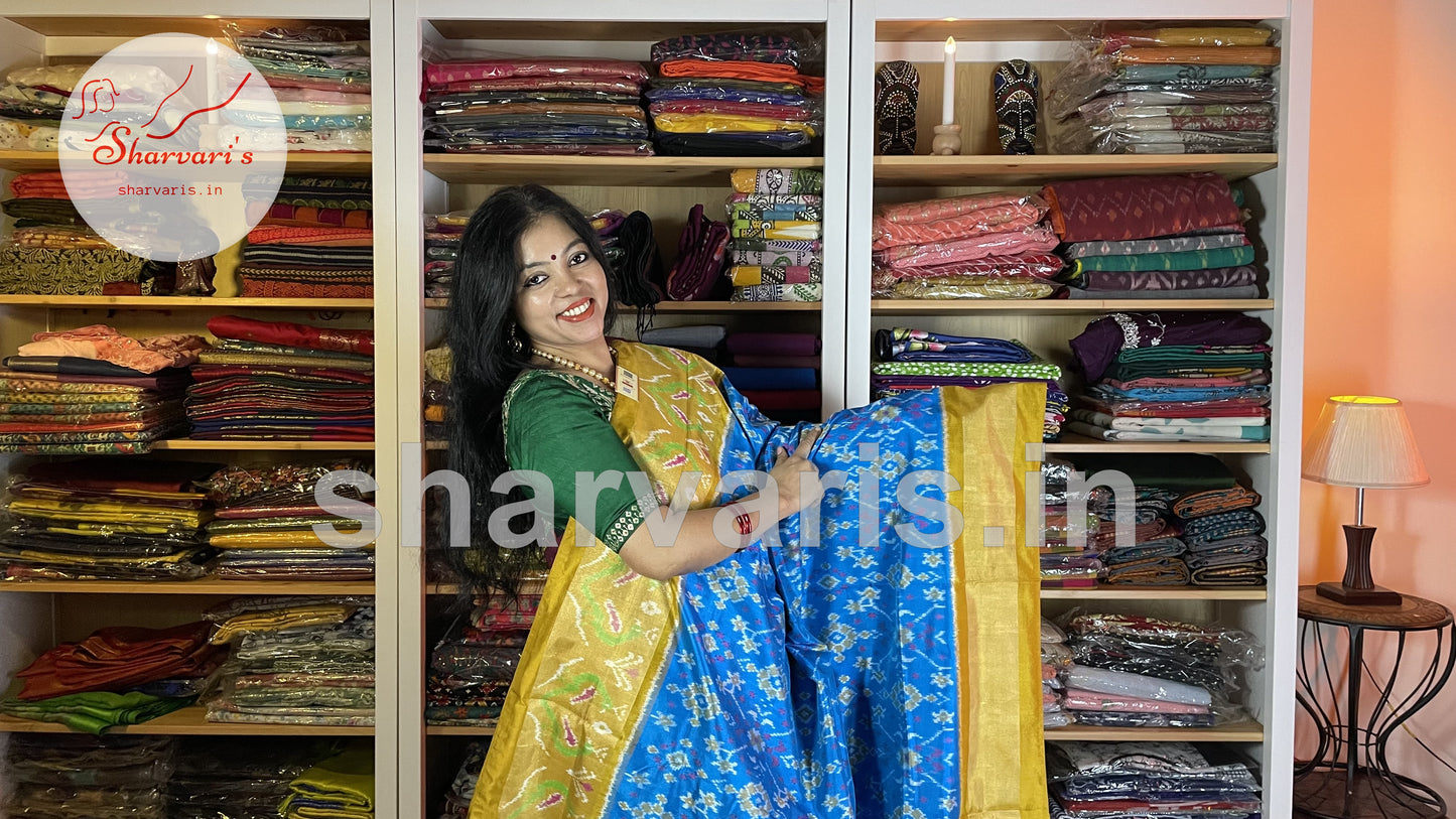 Blue and Ochre Yellow Pure Pochampally Double Ikkat Silk Saree