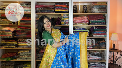 Blue and Ochre Yellow Pure Pochampally Double Ikkat Silk Saree