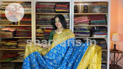 Blue and Ochre Yellow Pure Pochampally Double Ikkat Silk Saree