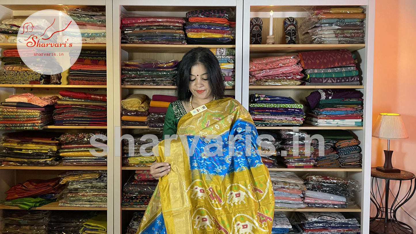 Blue and Ochre Yellow Pure Pochampally Double Ikkat Silk Saree