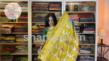 Blue and Ochre Yellow Pure Pochampally Double Ikkat Silk Saree