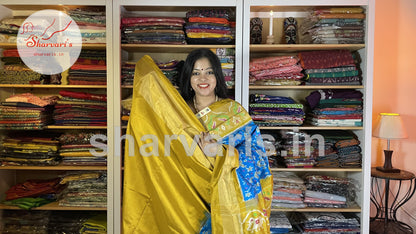 Blue and Ochre Yellow Pure Pochampally Double Ikkat Silk Saree