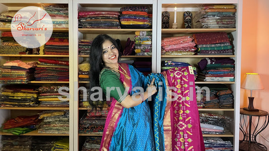 Peacock Blue and Pink Pure Pochampally Double Ikkat Silk Saree