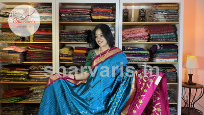 Peacock Blue and Pink Pure Pochampally Double Ikkat Silk Saree