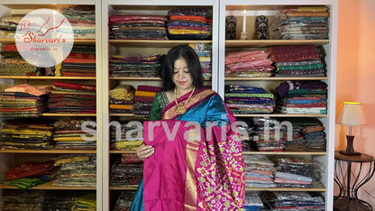 Peacock Blue and Pink Pure Pochampally Double Ikkat Silk Saree