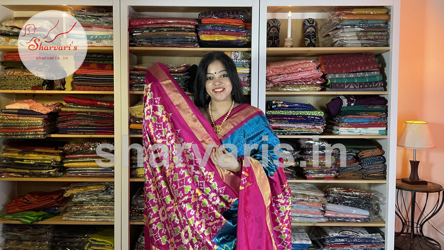 Peacock Blue and Pink Pure Pochampally Double Ikkat Silk Saree