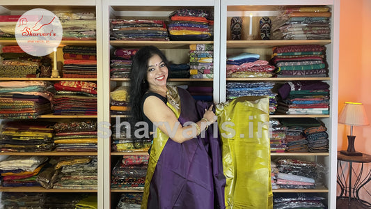 Purple and Olive Green Pure Kanchipuram Silk Saree with Trendy Patterns