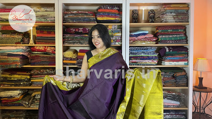 Purple and Olive Green Pure Kanchipuram Silk Saree with Trendy Patterns