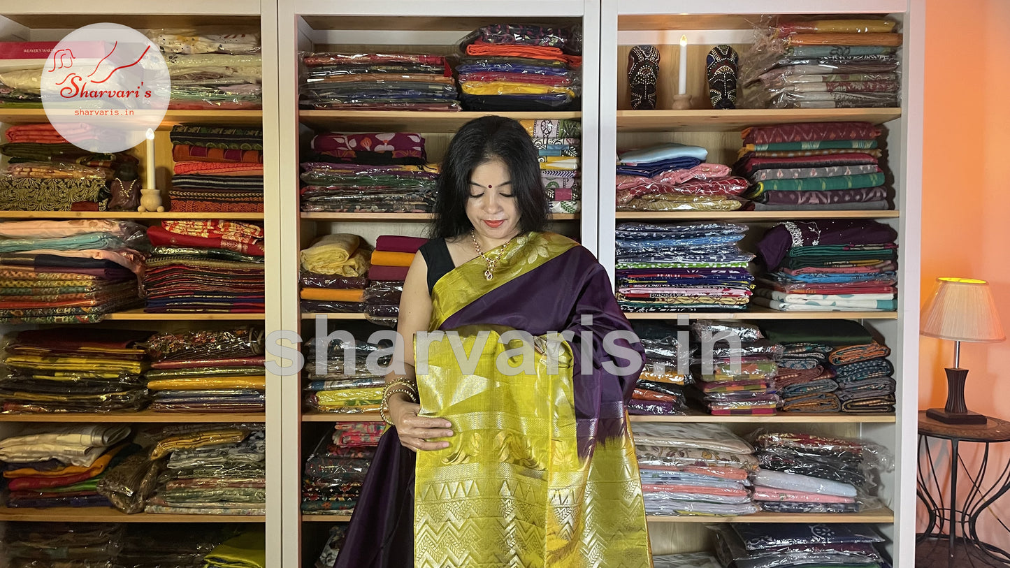 Purple and Olive Green Pure Kanchipuram Silk Saree with Trendy Patterns