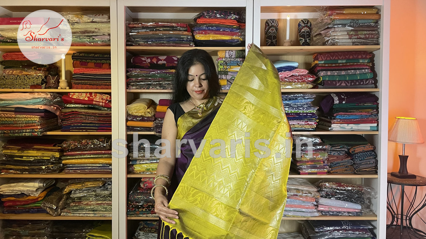 Purple and Olive Green Pure Kanchipuram Silk Saree with Trendy Patterns