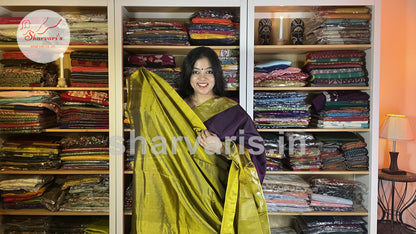 Purple and Olive Green Pure Kanchipuram Silk Saree with Trendy Patterns