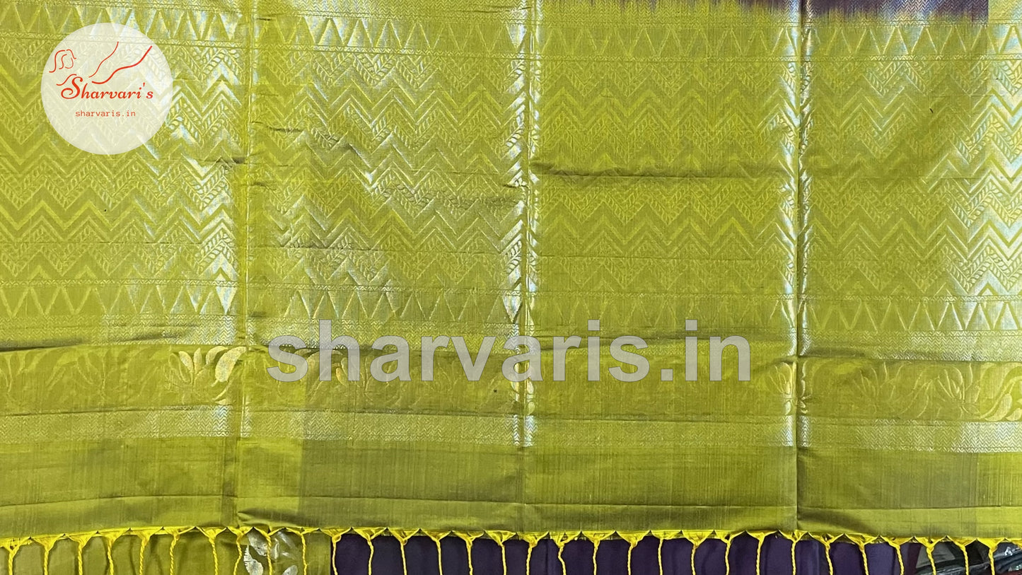 Purple and Olive Green Pure Kanchipuram Silk Saree with Trendy Patterns