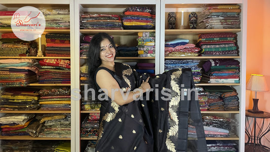 Black Pure Kora Banarasi Silk Saree with Maheen Work