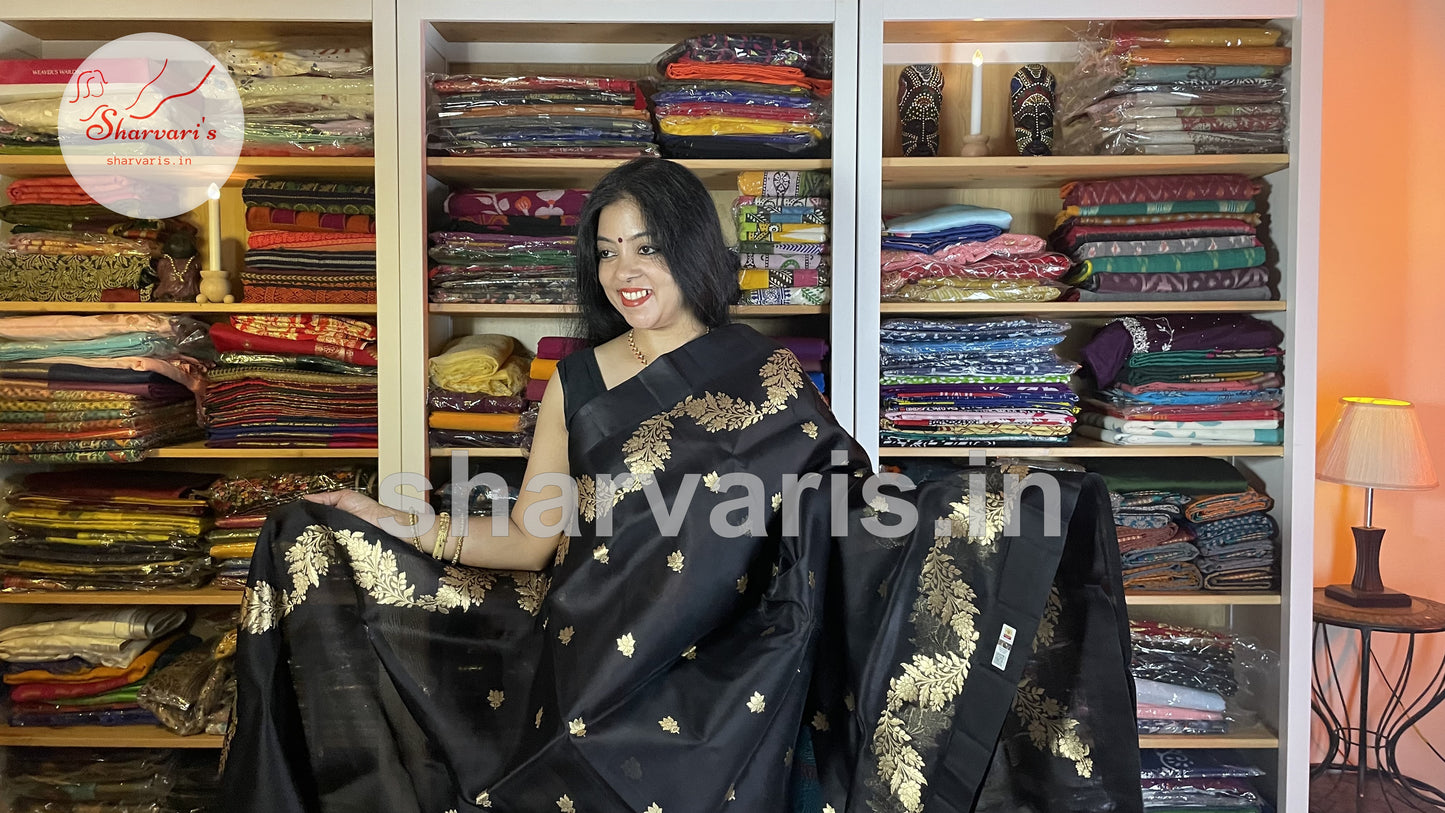 Black Pure Kora Banarasi Silk Saree with Maheen Work