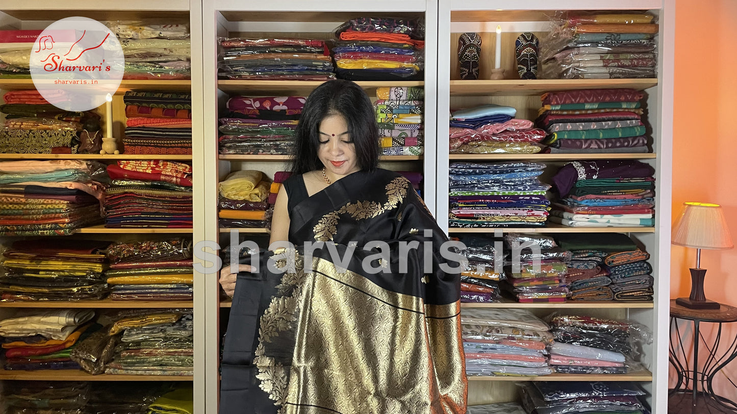 Black Pure Kora Banarasi Silk Saree with Maheen Work