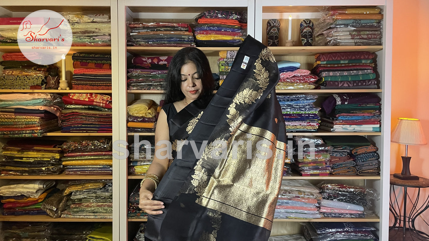 Black Pure Kora Banarasi Silk Saree with Maheen Work