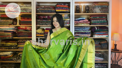 Parrot Green Pure Kanchipuram Silk Saree with Tissue Borders