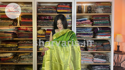 Parrot Green Pure Kanchipuram Silk Saree with Tissue Borders