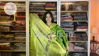 Parrot Green Pure Kanchipuram Silk Saree with Tissue Borders