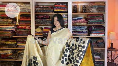 Off white and Yellow Premium Hand-painted Murshidabad Silk Saree